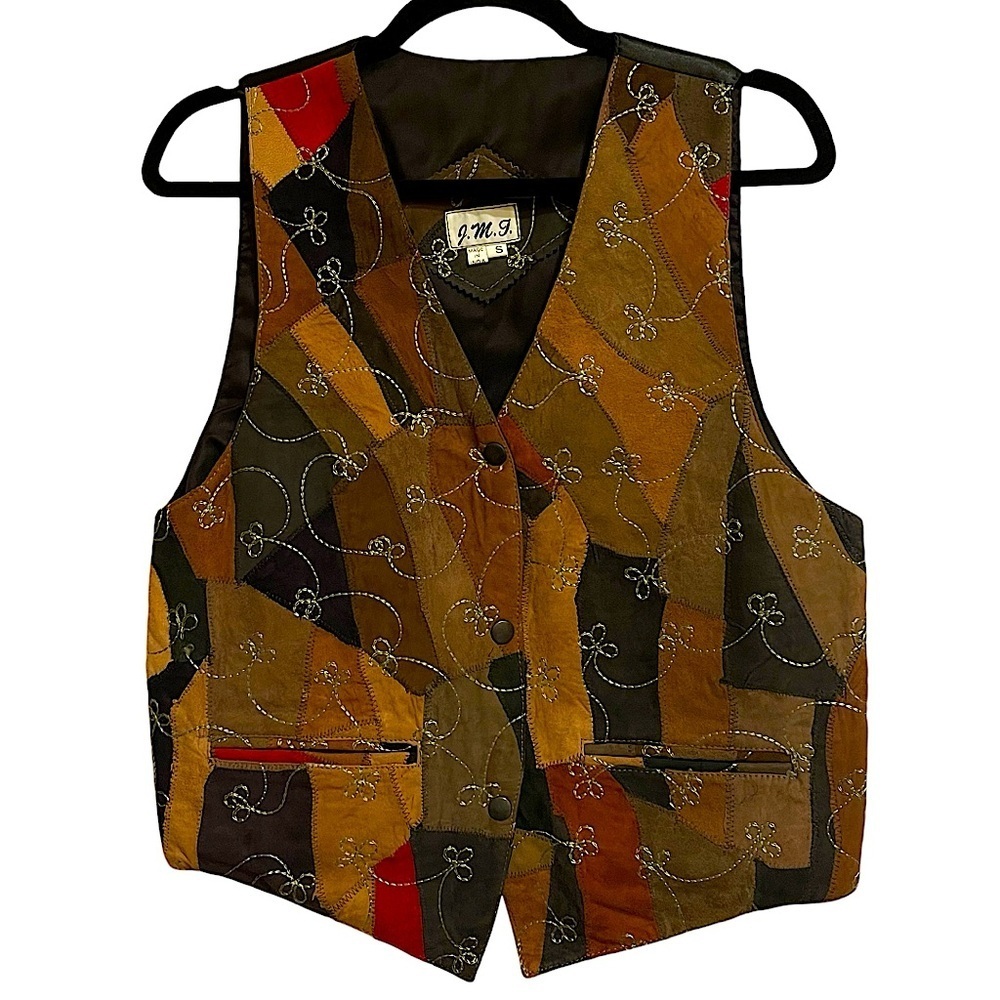 J.M.T. Vintage Patchwork Suede Vest Waistcoat Embroidered Snap Front Boho Size S